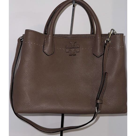 Tory Burch Leather Tote Bag Taupe Top Handle Shoulder Strap Satchel Used - Picture 1 of 9
